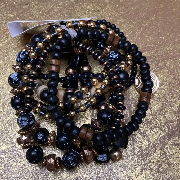 Black and Gold Beaded Bracelet Set - Picture 2 of 3